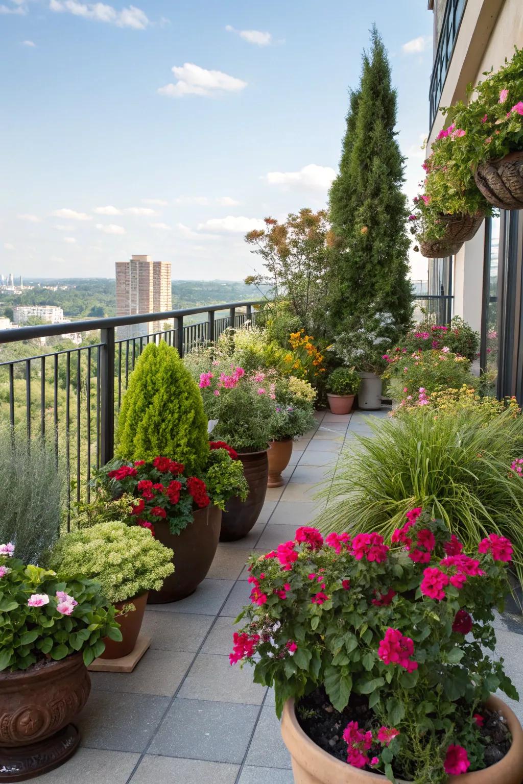 A diverse array of potted plants bringing life to a balcony.