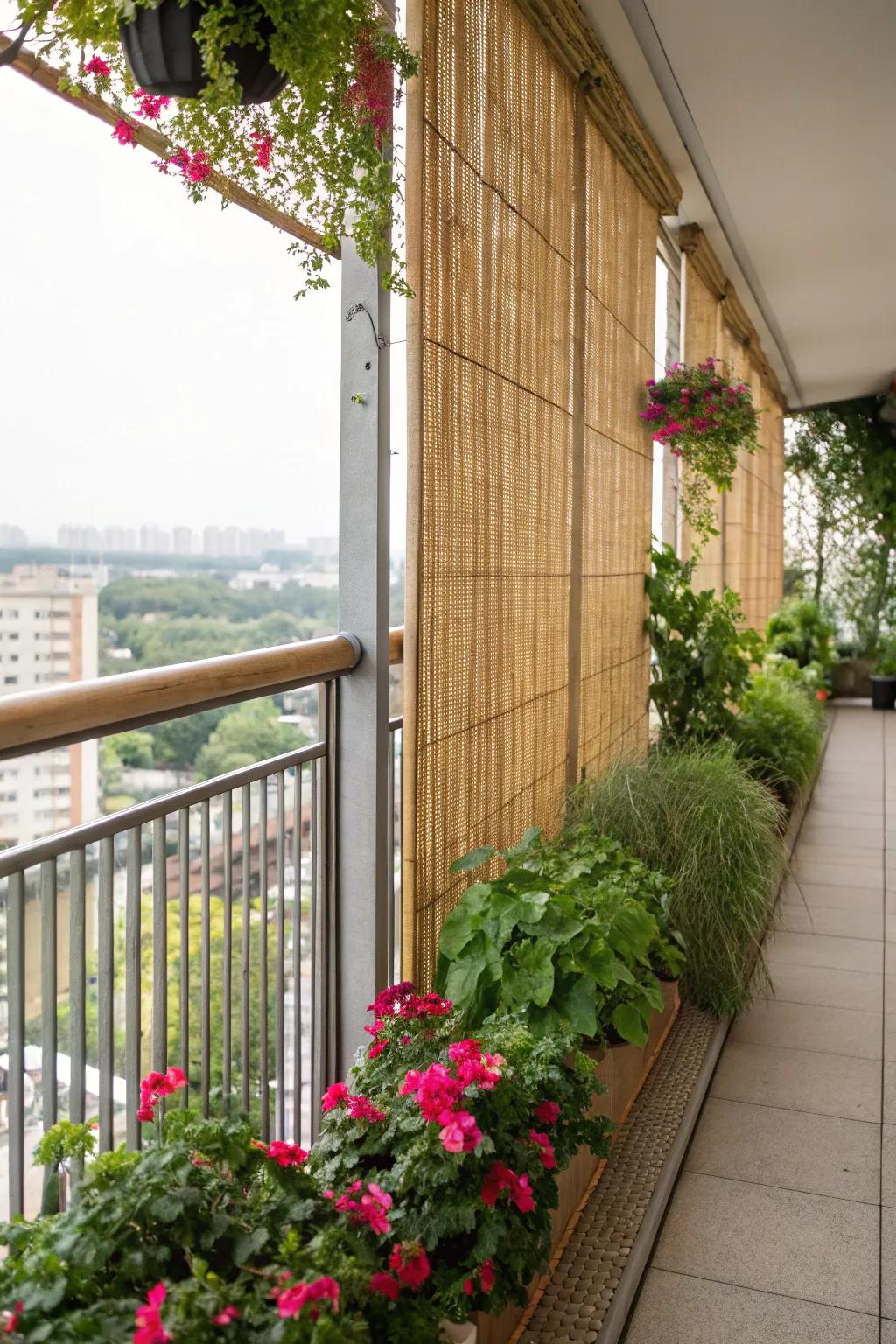 A private balcony with bamboo screens and lush plants.