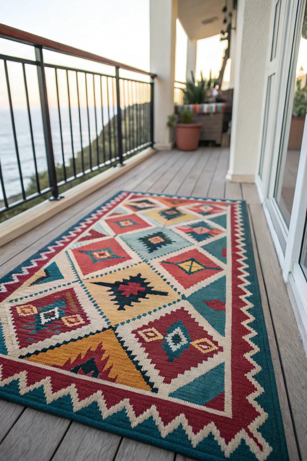A striking geometric rug defining a balcony space.