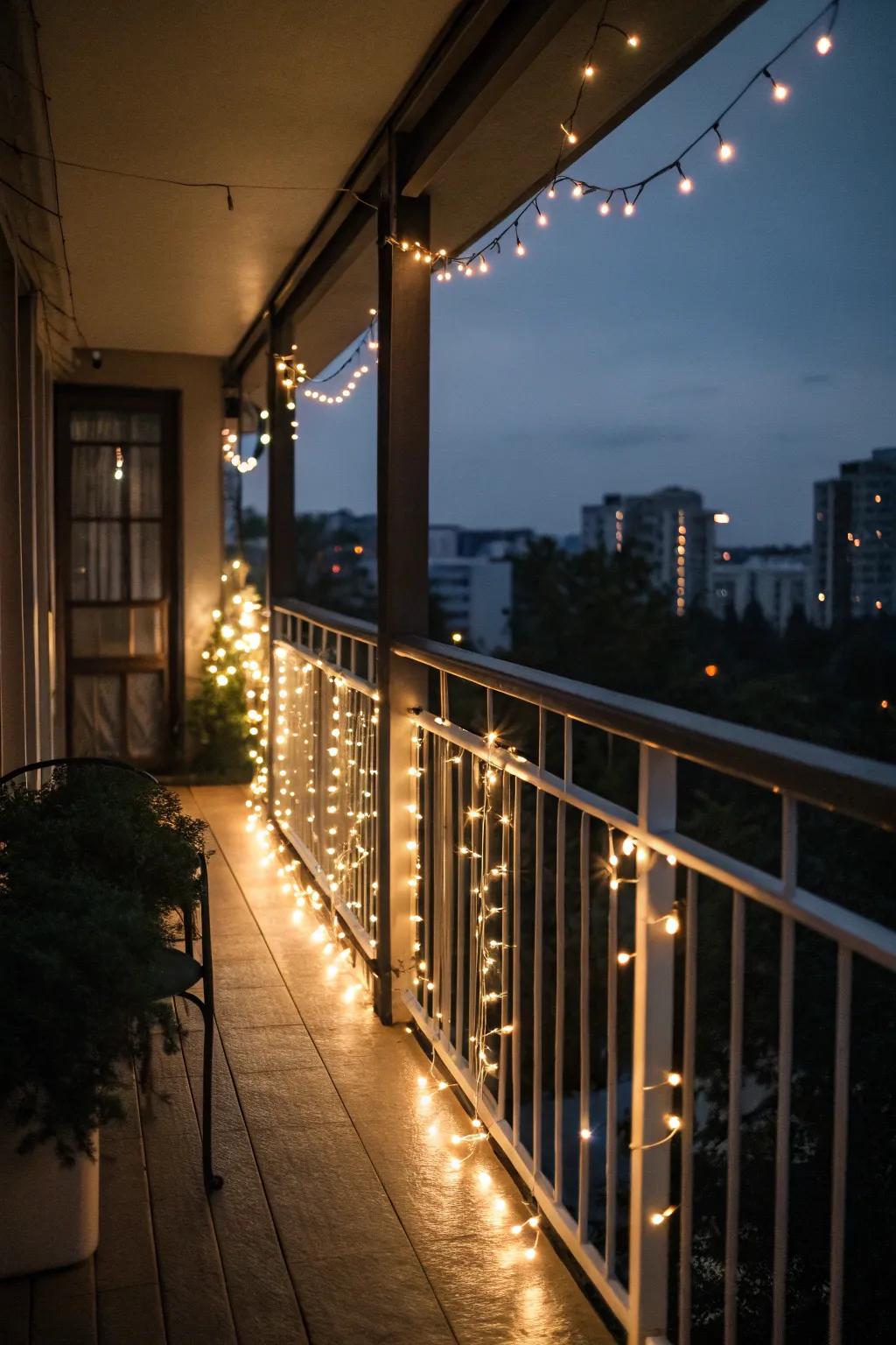 Enchanting string lights illuminating a balcony at night.