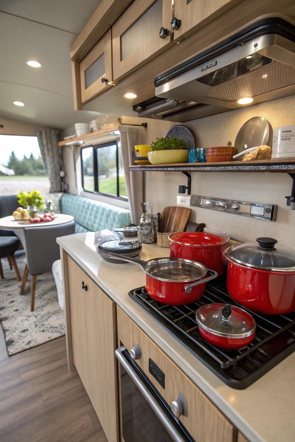 A gourmet kitchen setup inside an RV, ready for culinary adventures