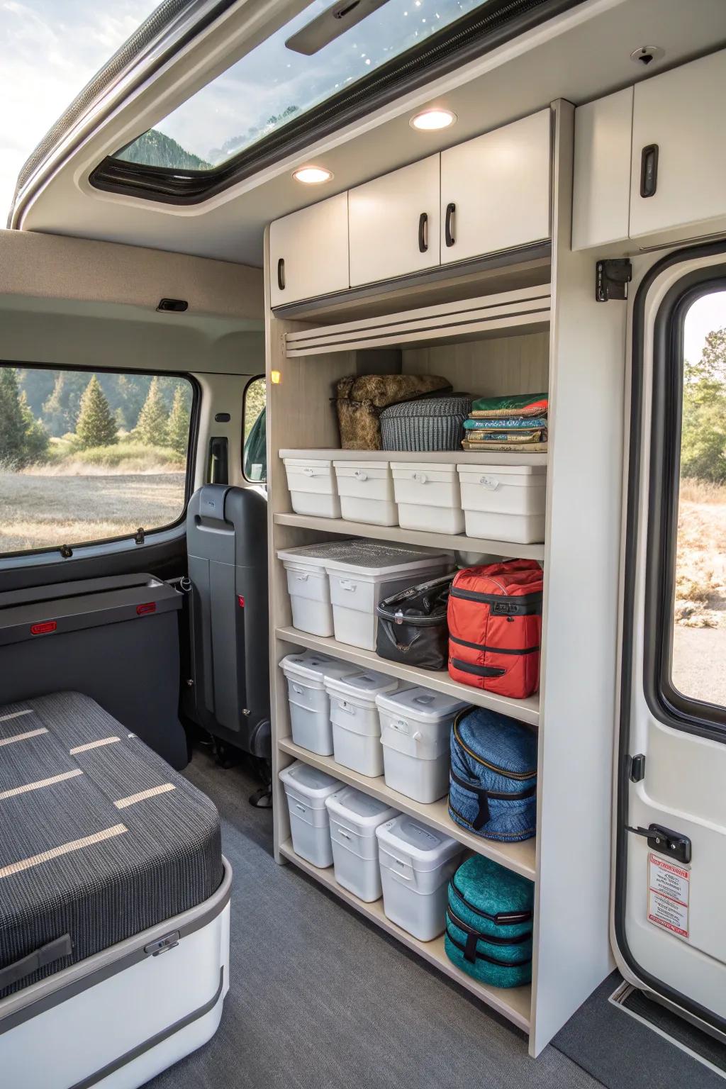 Smart storage solutions in an RV, featuring collapsible containers