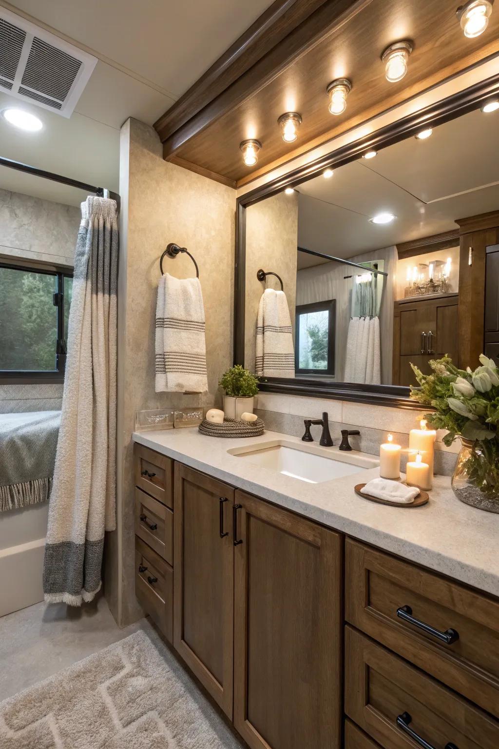 A spa-like RV bathroom with plush towels and scented candles
