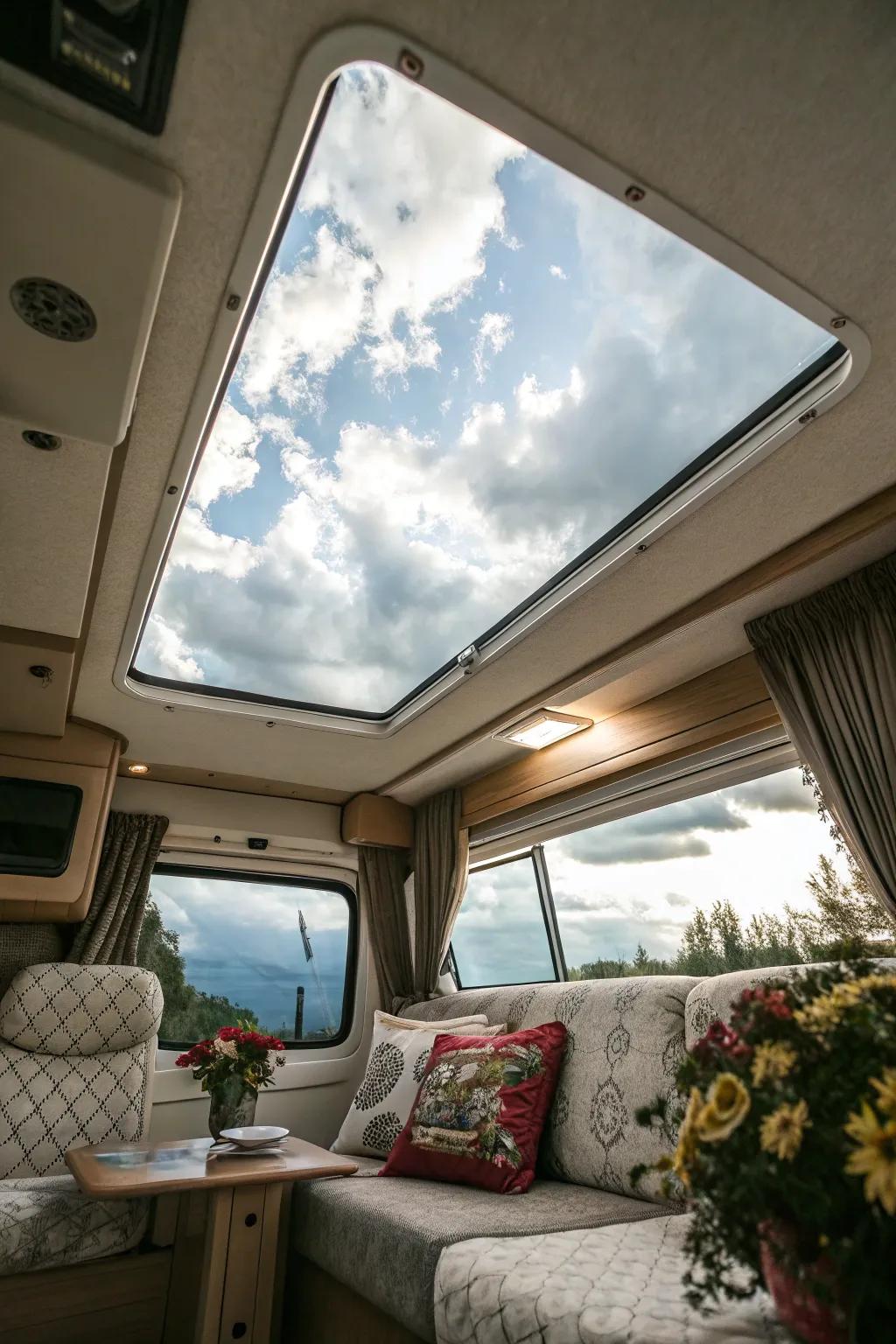A skylight in an RV providing natural light and views of the sky
