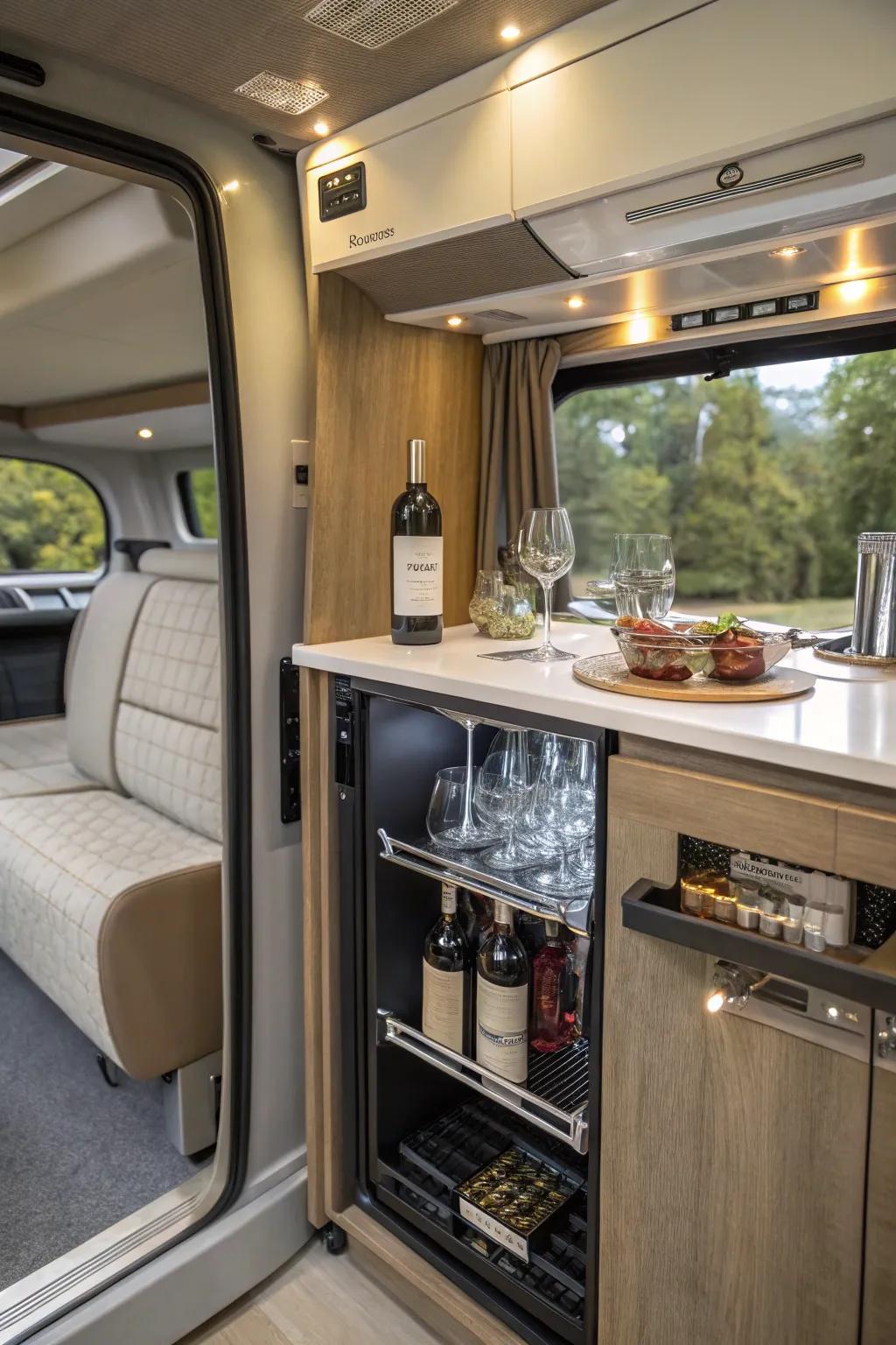 A small, elegant mini bar setup inside an RV