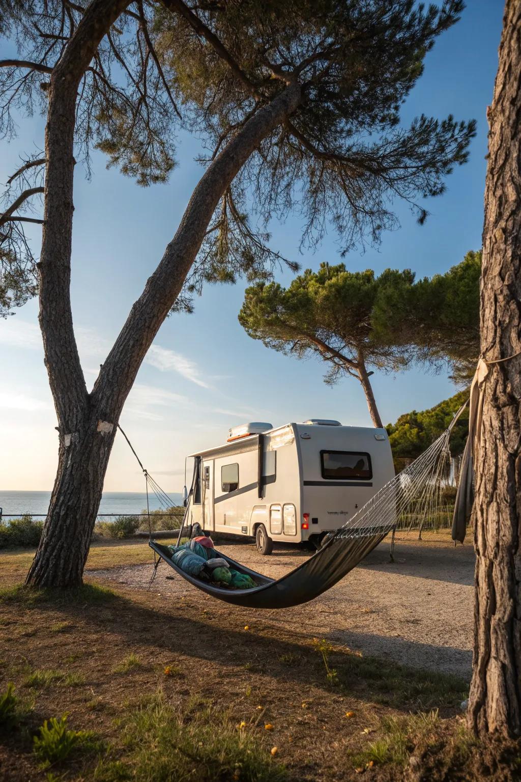 A relaxing hammock spot set up next to an RV