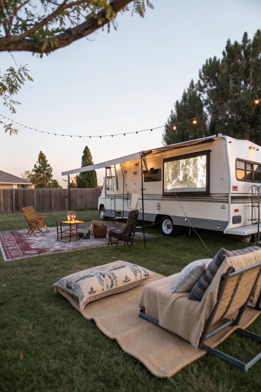 An outdoor movie theater setup next to an RV for starlit movie nights