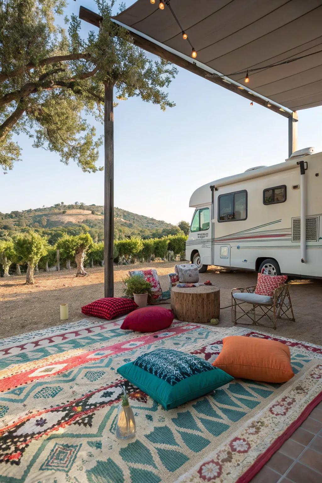 An inviting outdoor lounge area with colorful cushions and a decorative rug