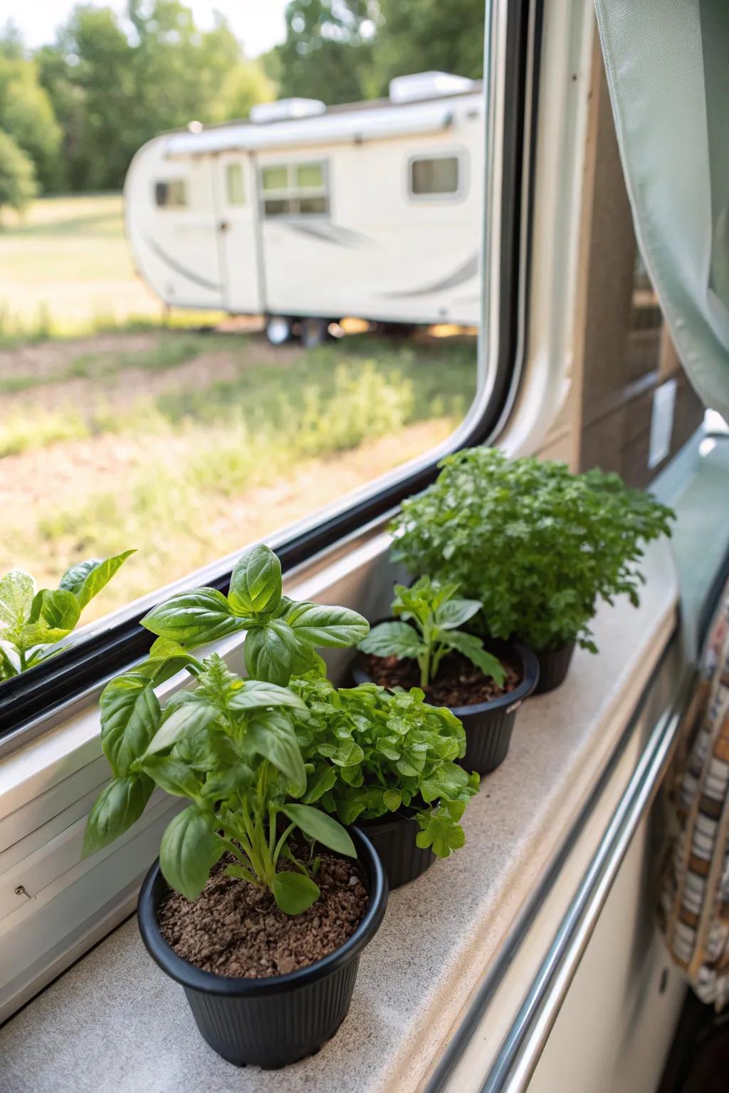 A small herb garden on an RV windowsill for fresh flavors while traveling