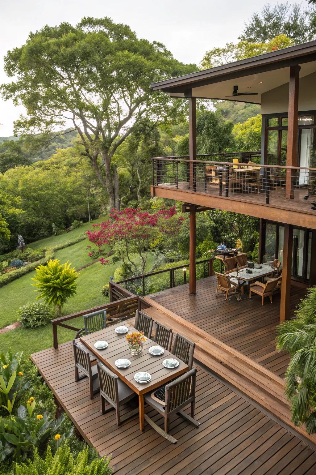 A multi-level deck offering distinct zones for various activities.