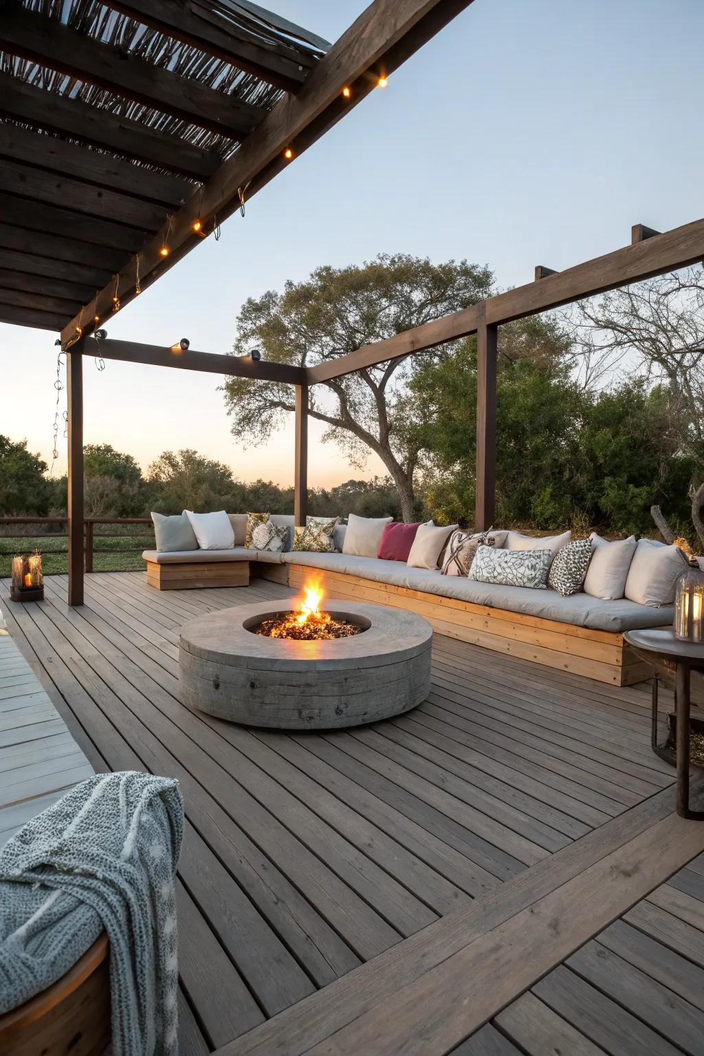 A fire pit creates a warm and inviting deck atmosphere.