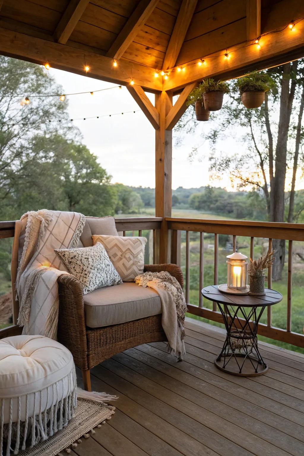 A cozy nook on a wooden deck, perfect for relaxation.