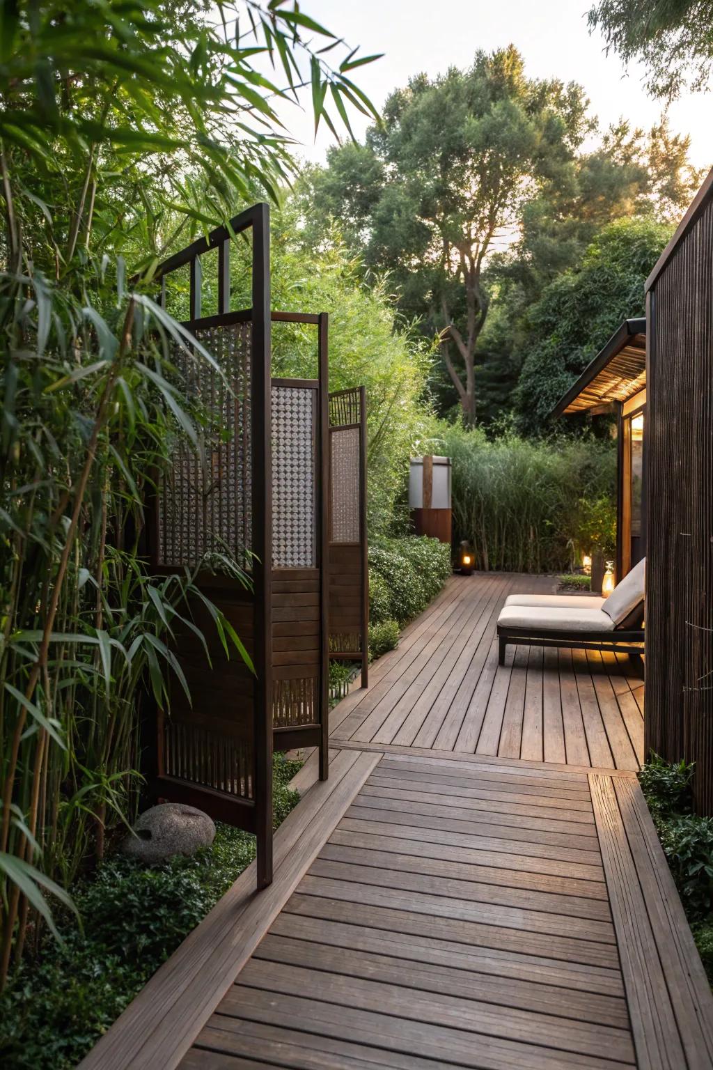 Privacy screens and greenery create a secluded deck oasis.