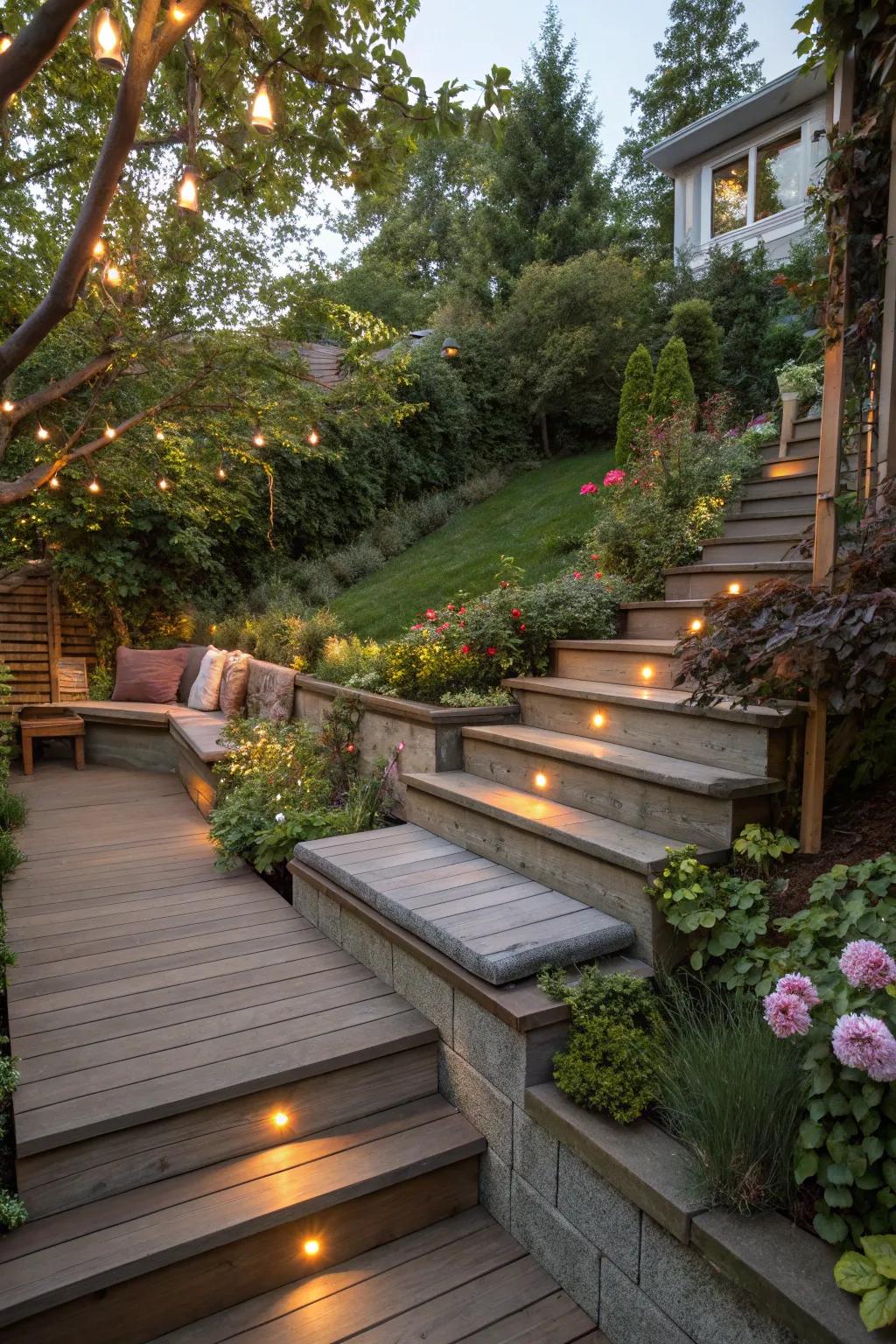 Integrated seating on stairs for a welcoming outdoor space