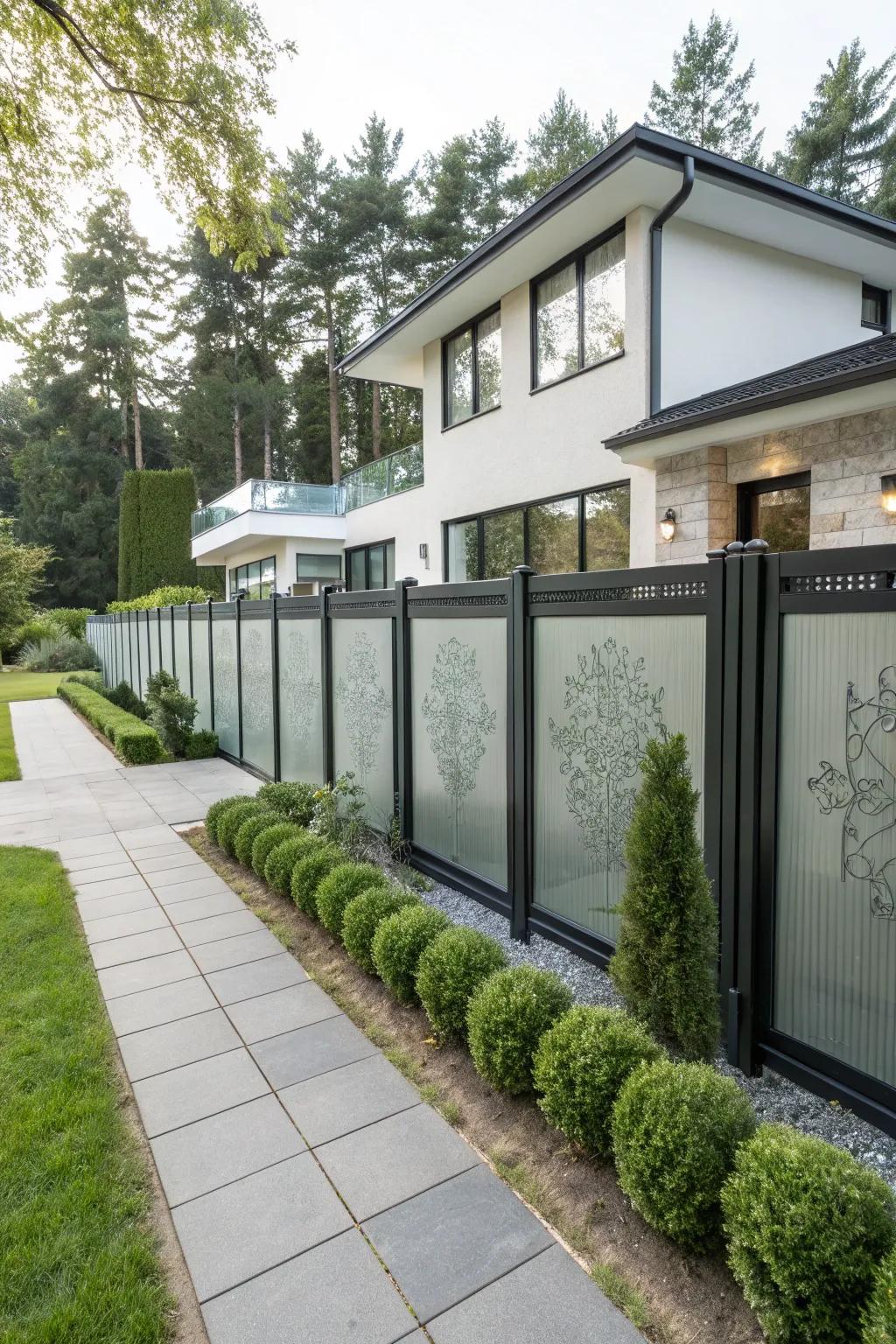 Add a modern twist with decorative glass panels in your fence.