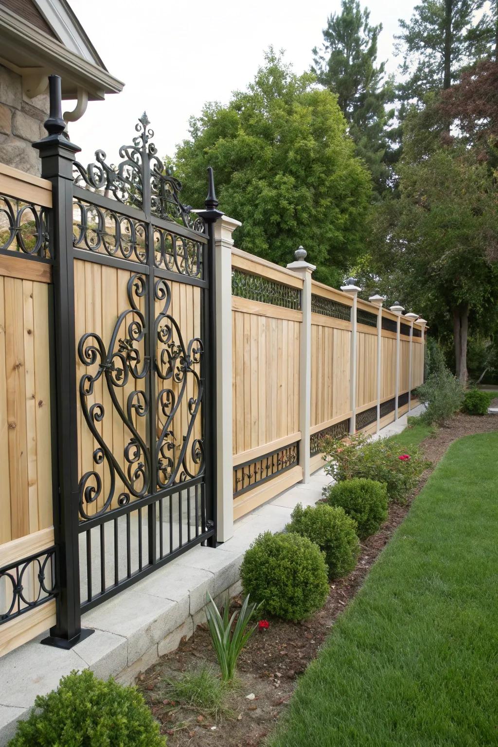 Combine strength and style with iron and wood fencing.