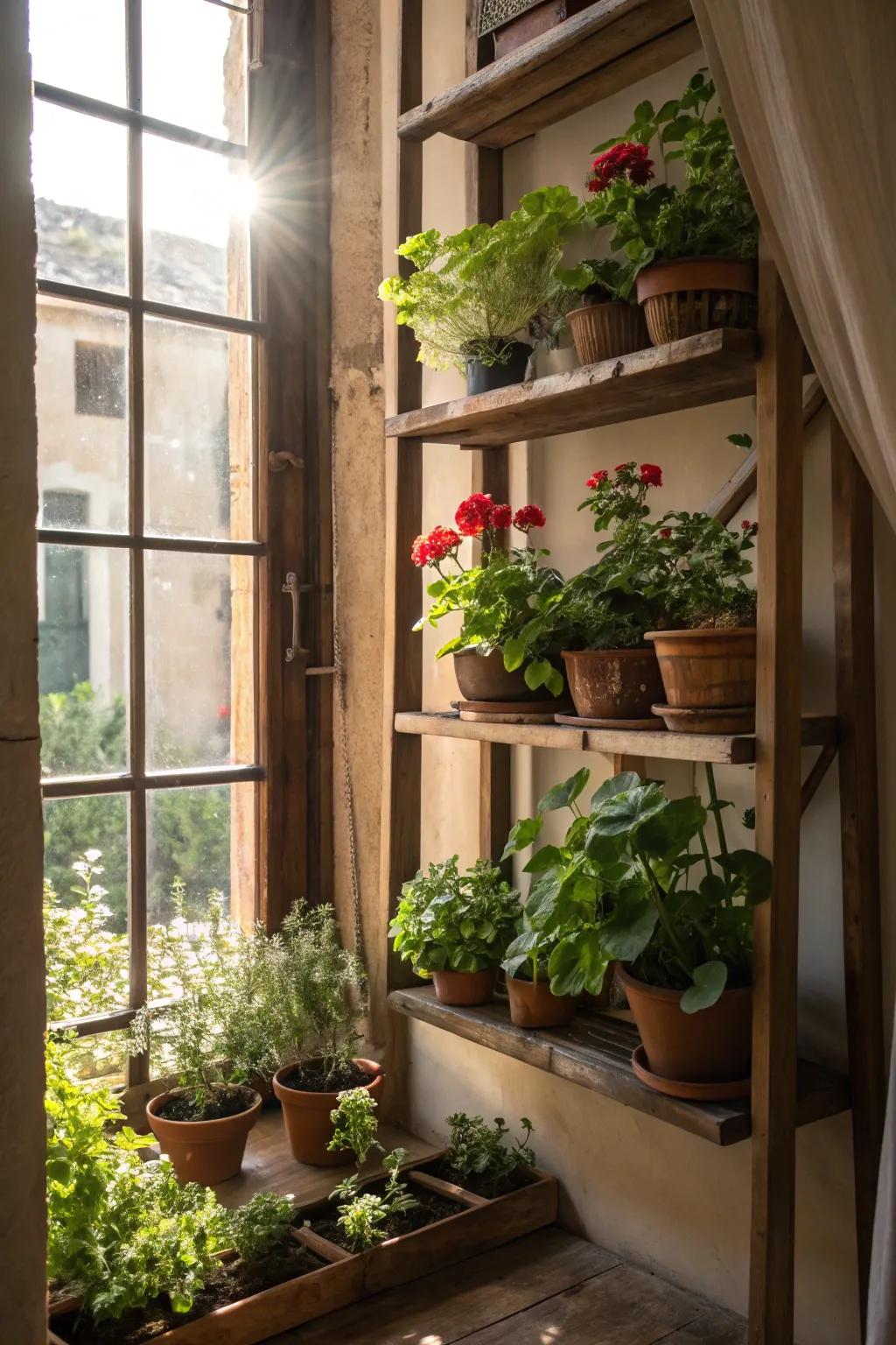 Add layers of greenery with shelves full of potted plants.