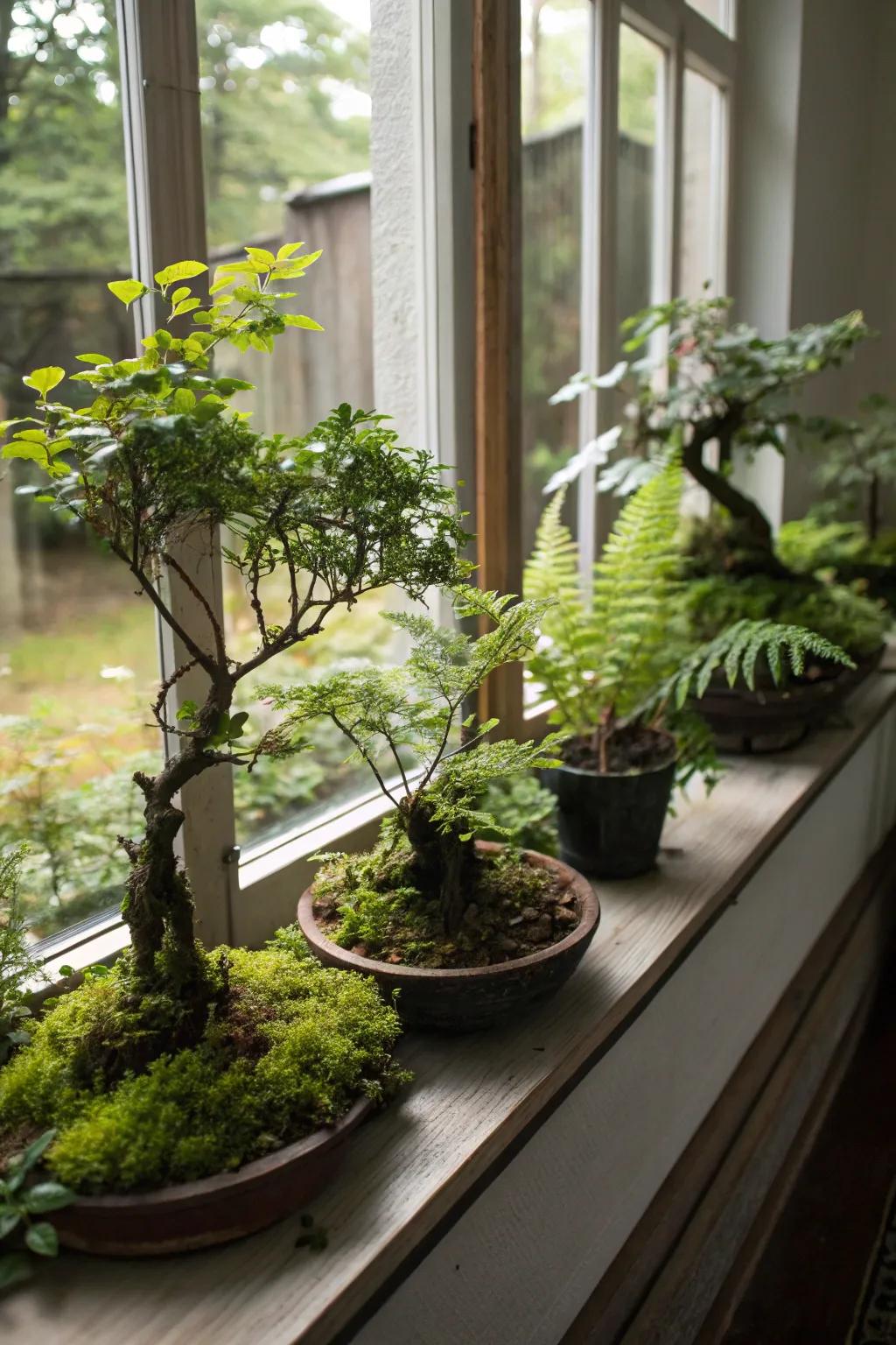 Bring the forest indoors with a miniature bonsai and fern arrangement.