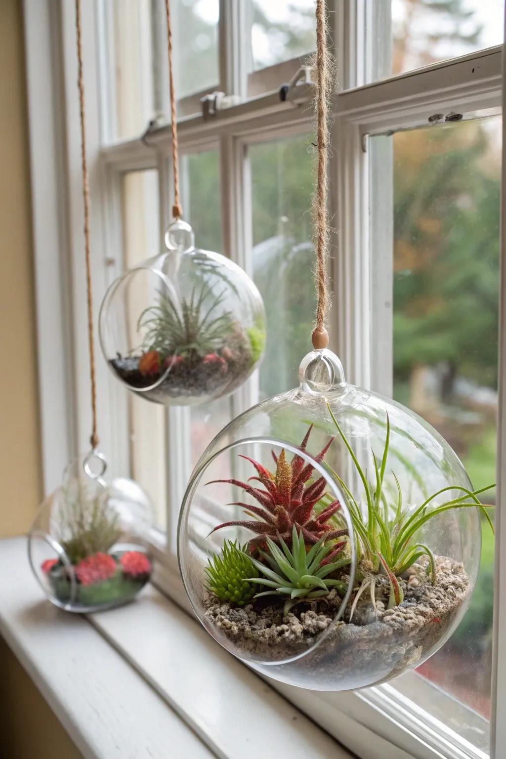 Achieve minimalist elegance with air plants in glass terrariums.