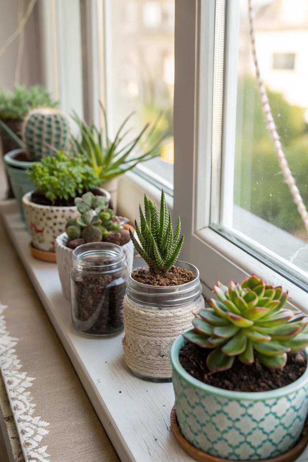 Display a collection of succulents on your sunny windowsill.