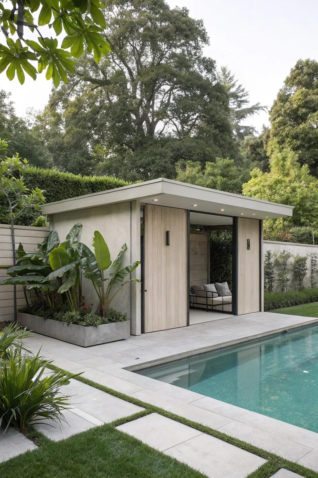 Sleek and simple: a modern minimalist pool shed.