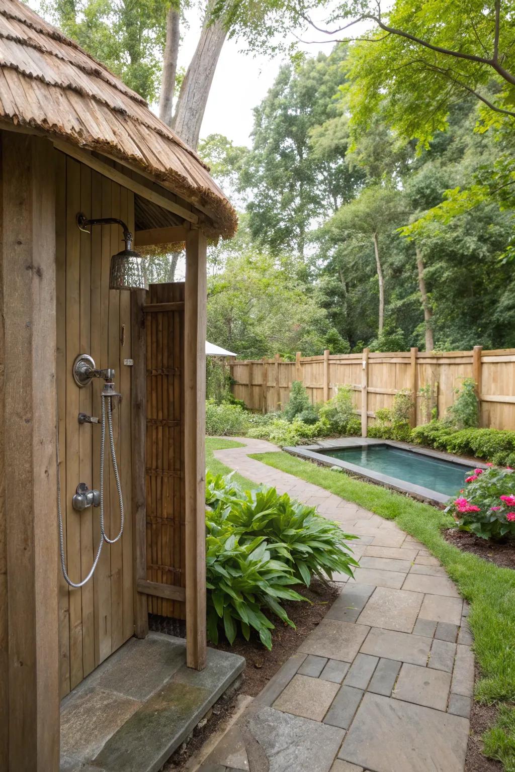 An outdoor shower for a refreshing poolside rinse.