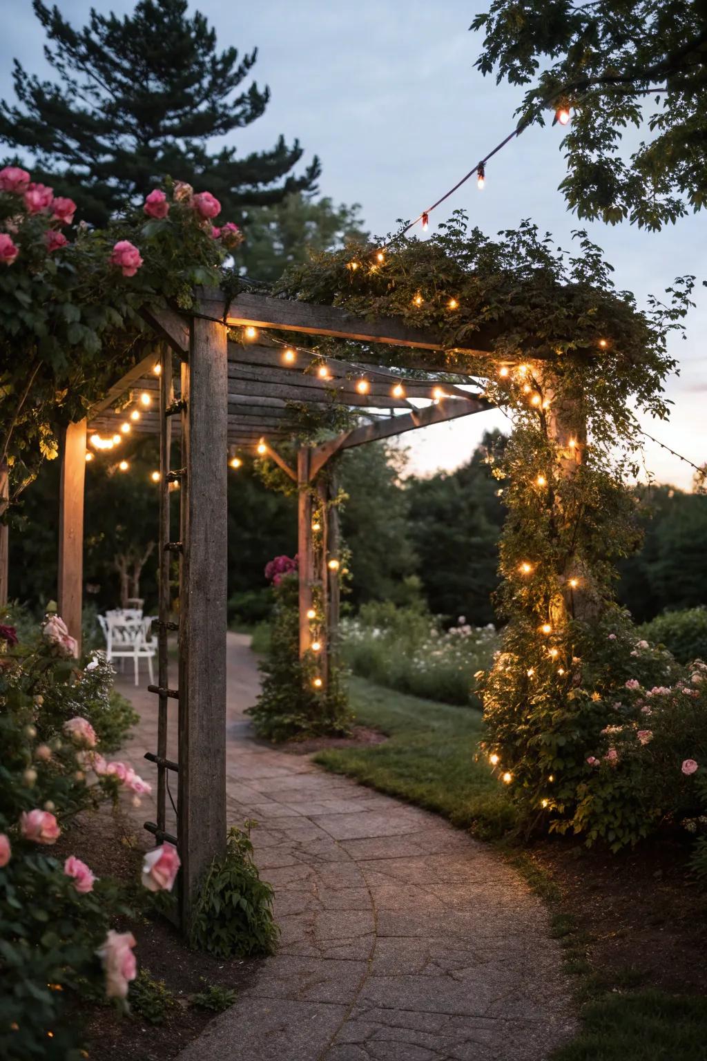 Solar lights on an arbor add enchanting evening illumination.
