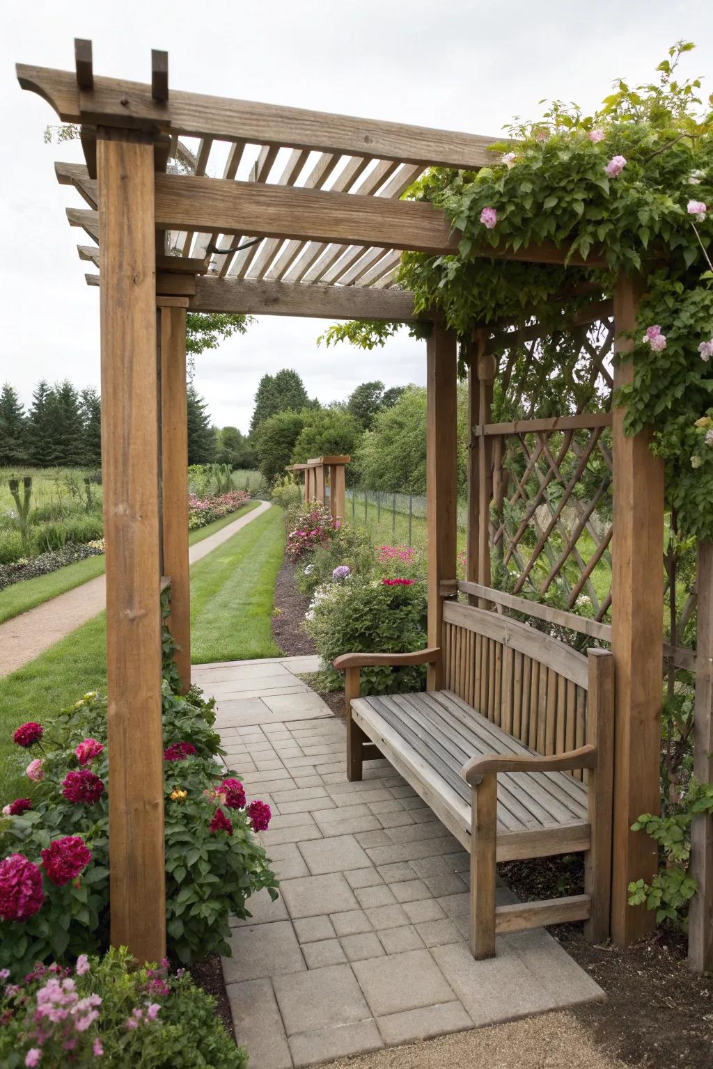An arbor with built-in seating offers a tranquil spot to relax in the garden.