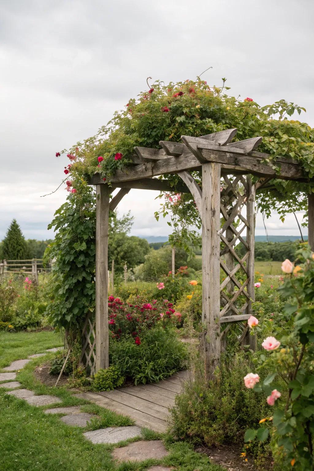 An eco-friendly arbor made from recycled materials adds sustainability to style.