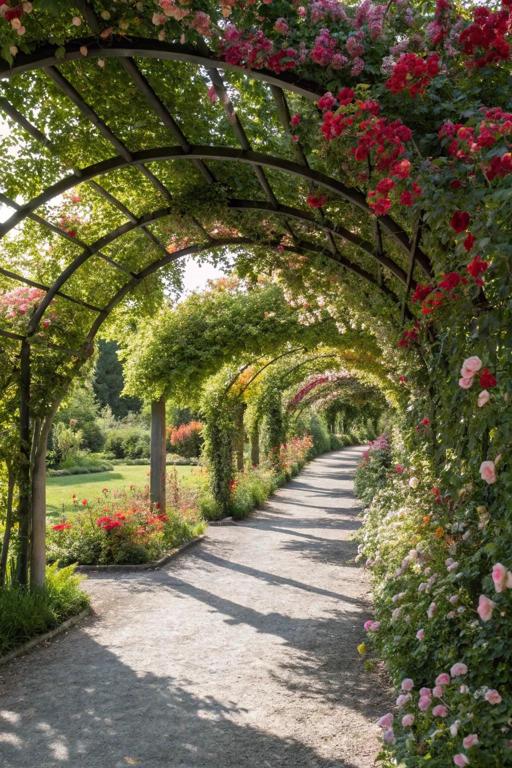 A floral tunnel of arbors creates a magical garden pathway.