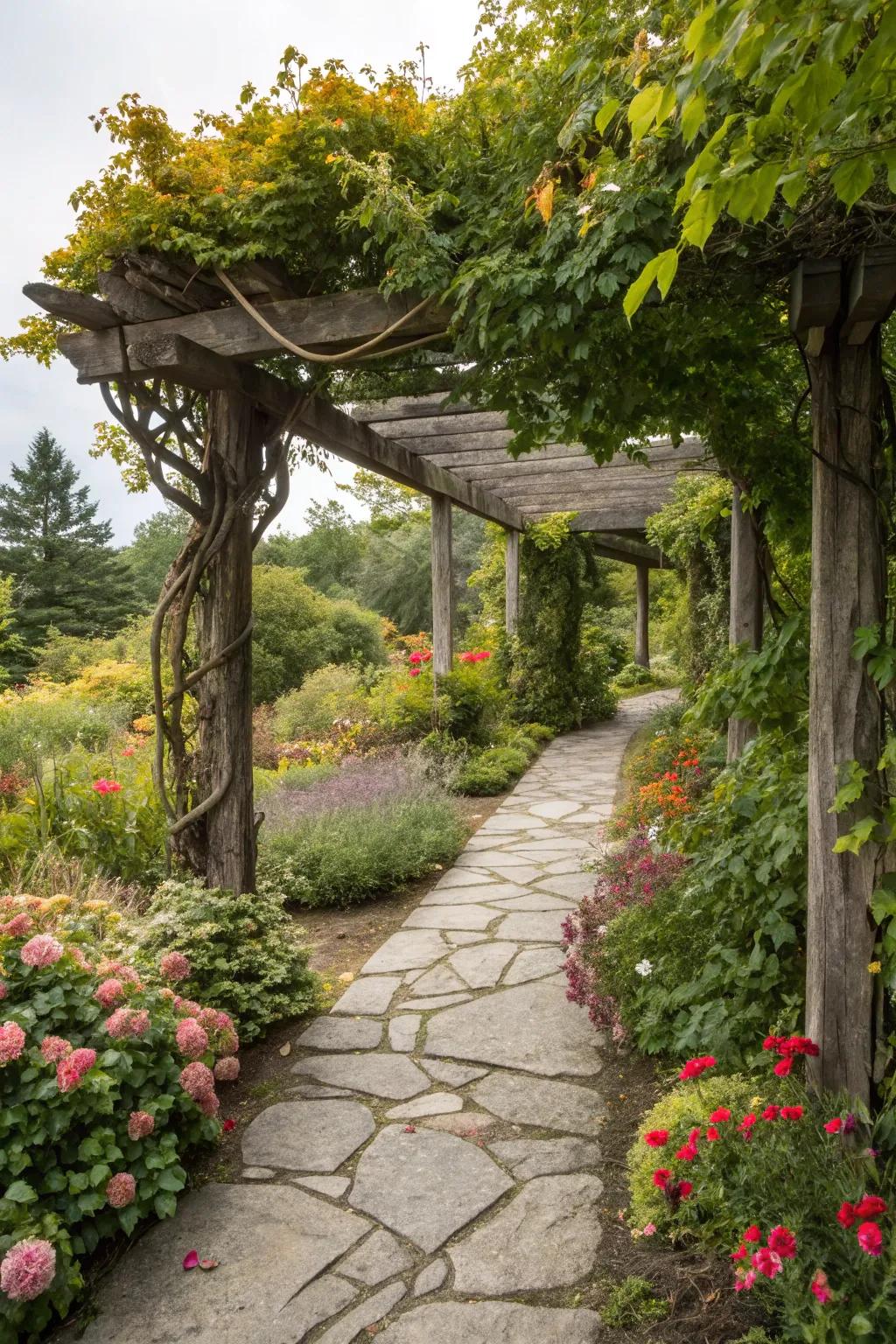 An arbor over a pathway adds structure and charm to garden walks.