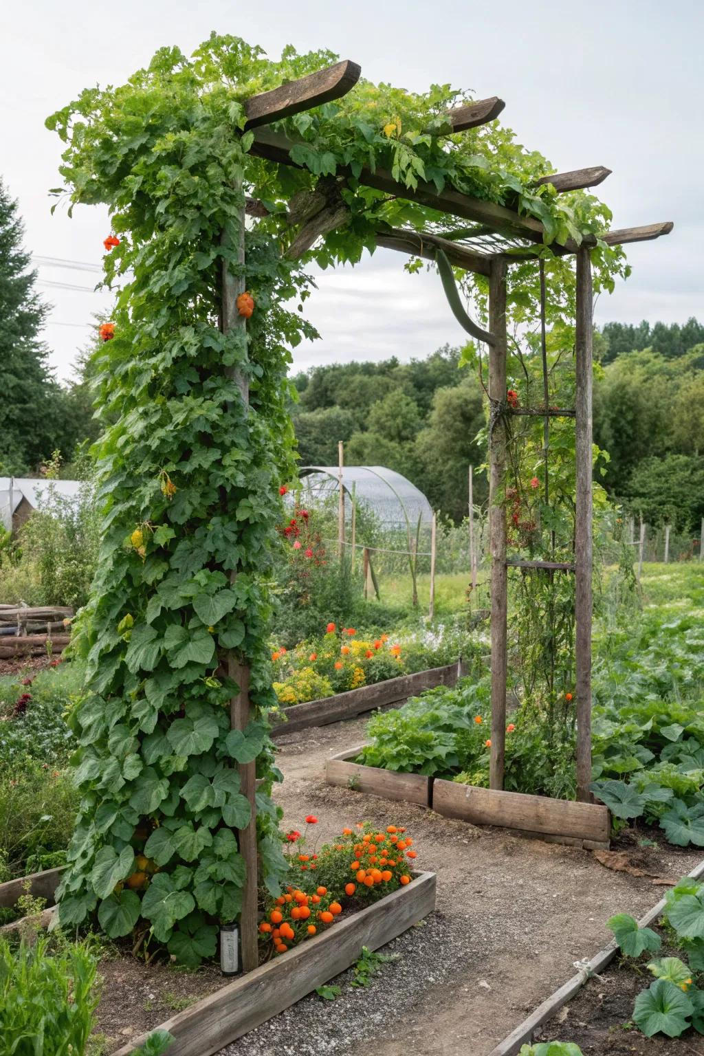 A trellis arbor supports climbing vegetables, adding function to beauty.
