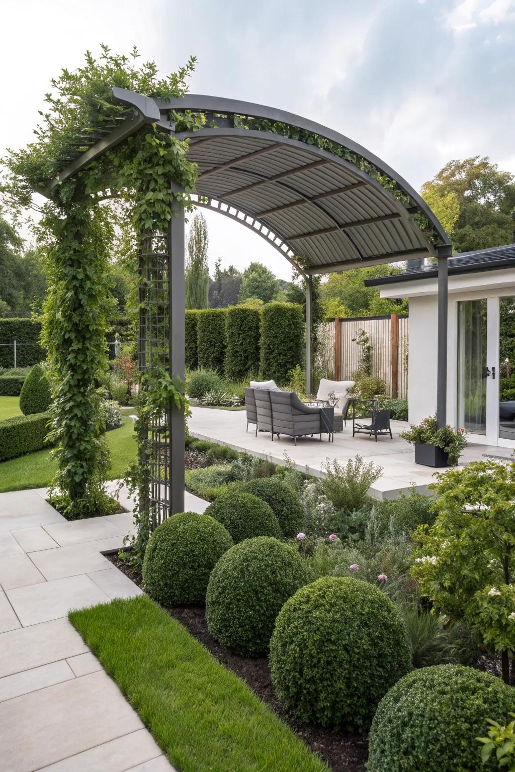 A curved-roof arbor offers an elegant touch to your garden design.
