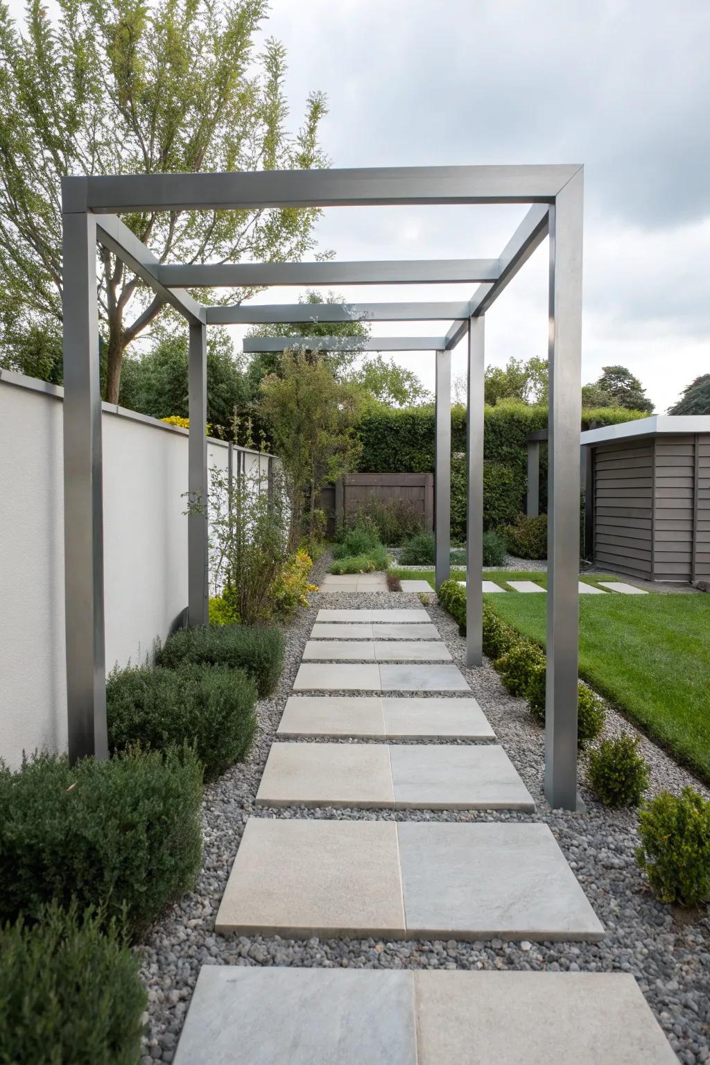 A minimalist arbor brings a sleek and modern look to the garden.