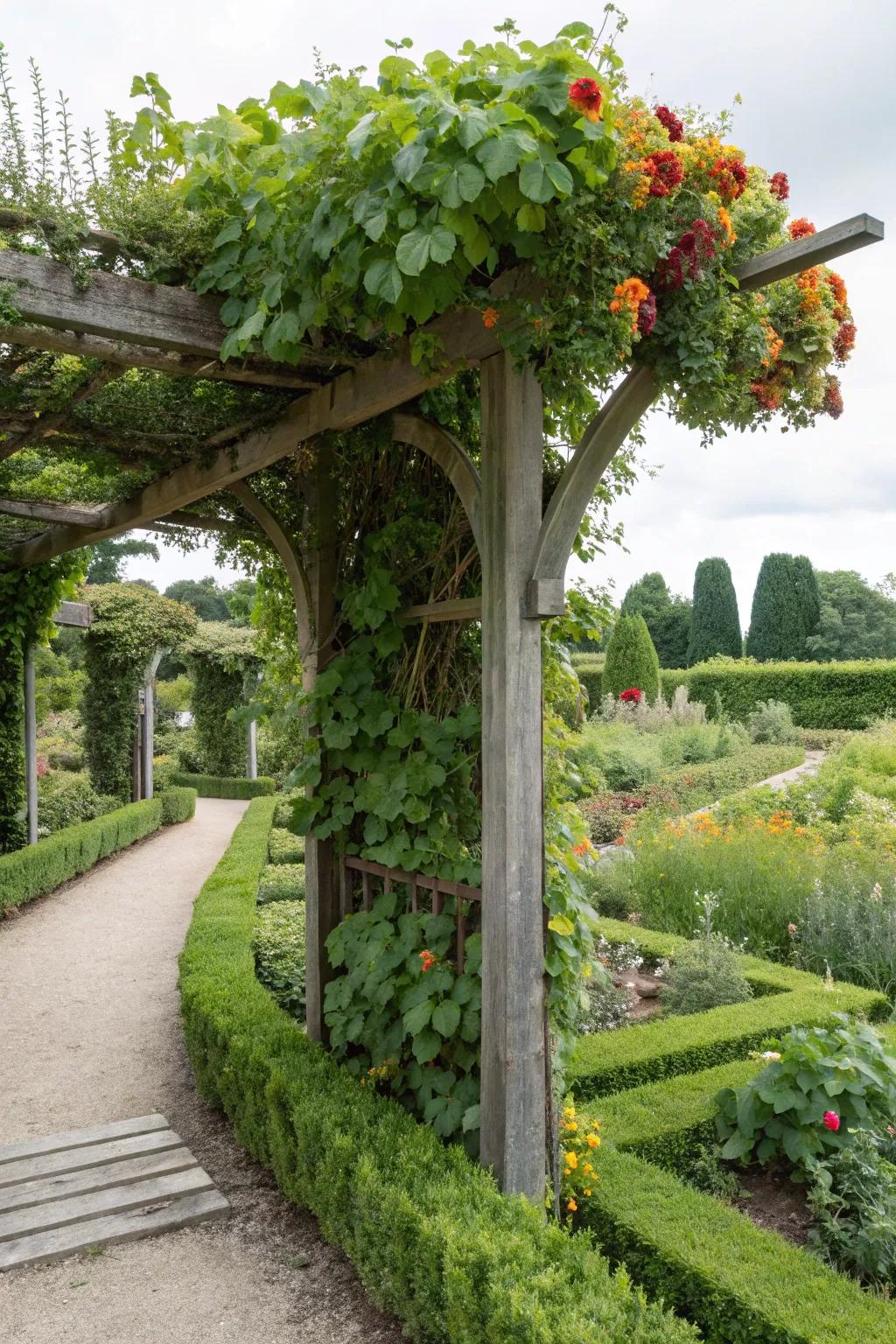 A living wall arbor adds lush greenery and functionality to the garden.