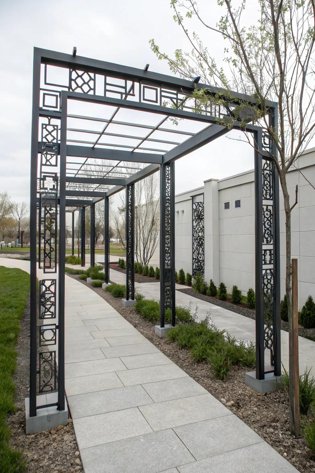 A modern metal frame arbor adds a contemporary touch to any outdoor space.