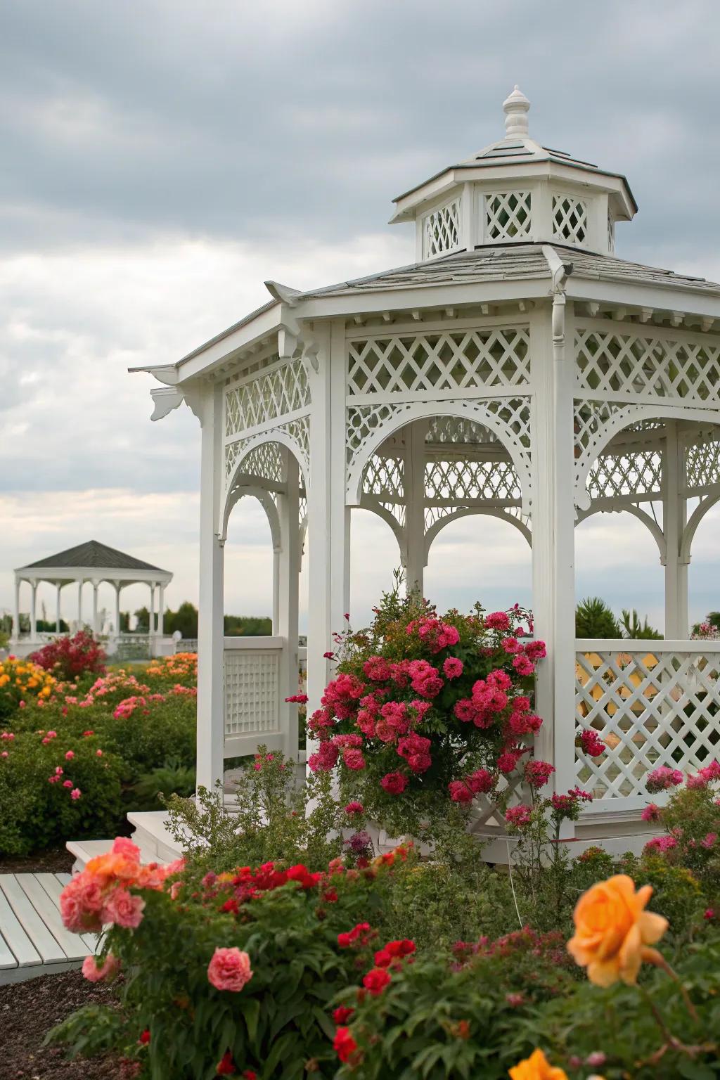 A white painted arbor with lattice adds a crisp and charming garden touch.
