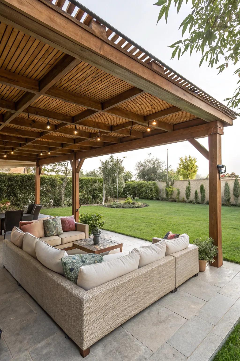 A relaxing seating area under a stylish ramada.