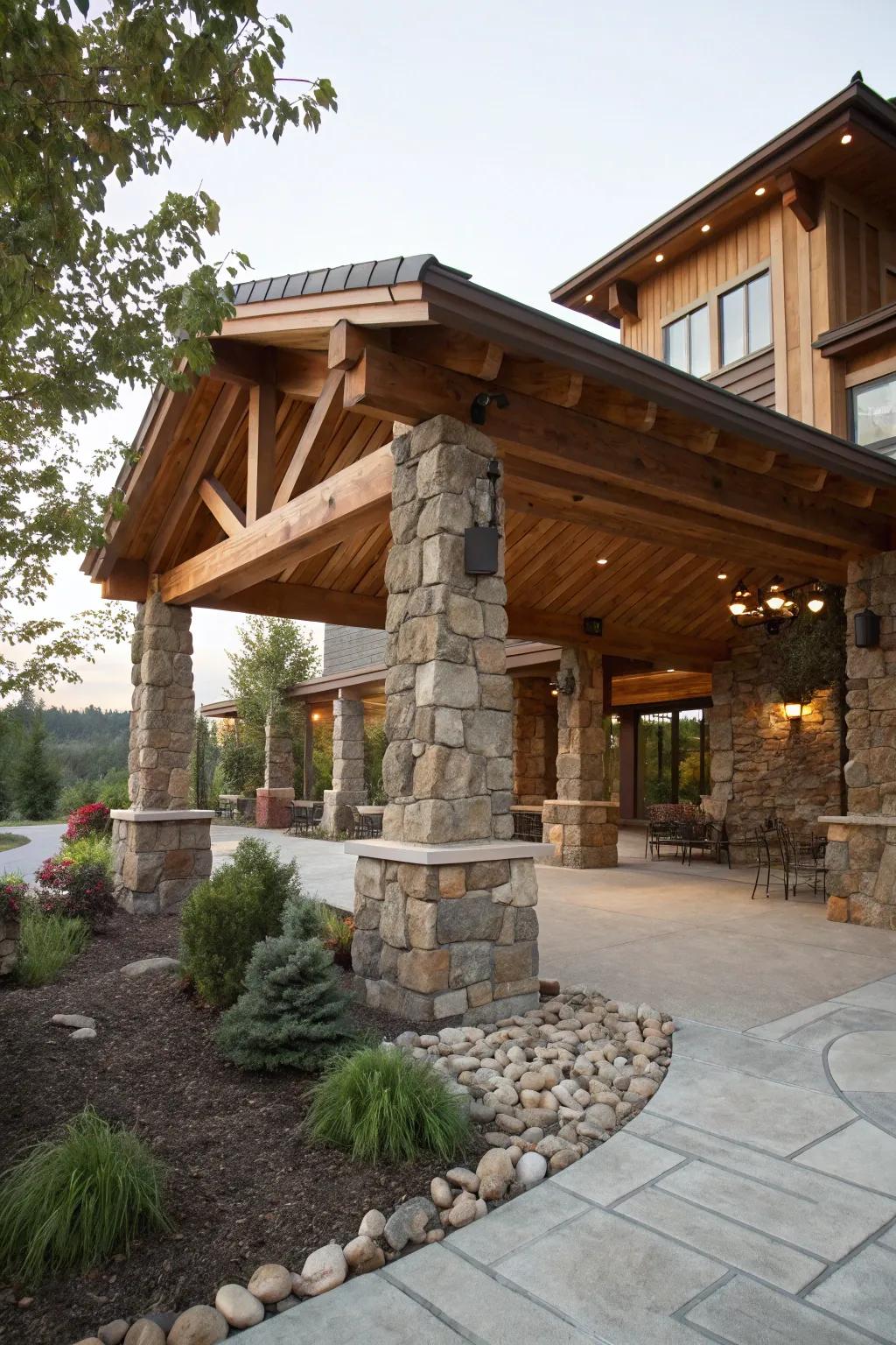 A ramada that beautifully integrates natural materials.