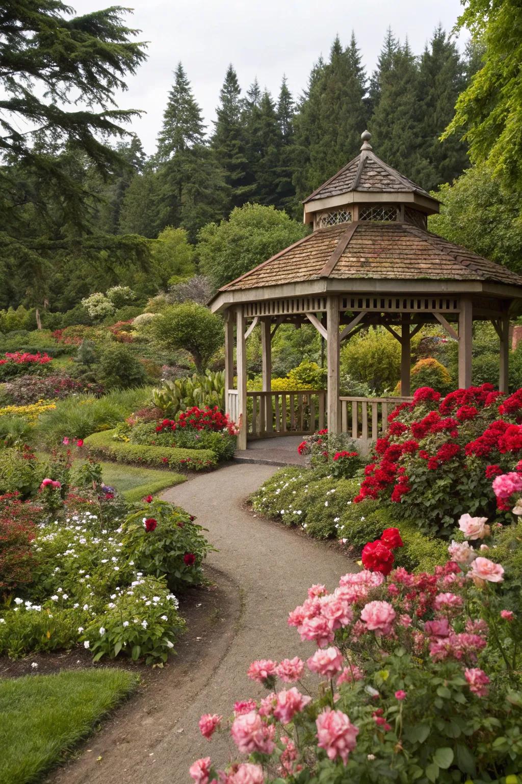 A ramada that appears to float within a vibrant garden.
