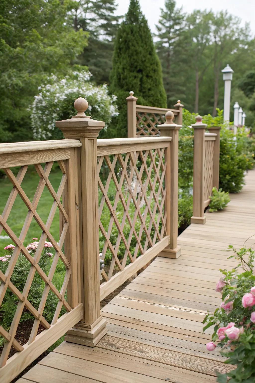 Unstained lattice railing beautifully complements the earthy tones of nature.