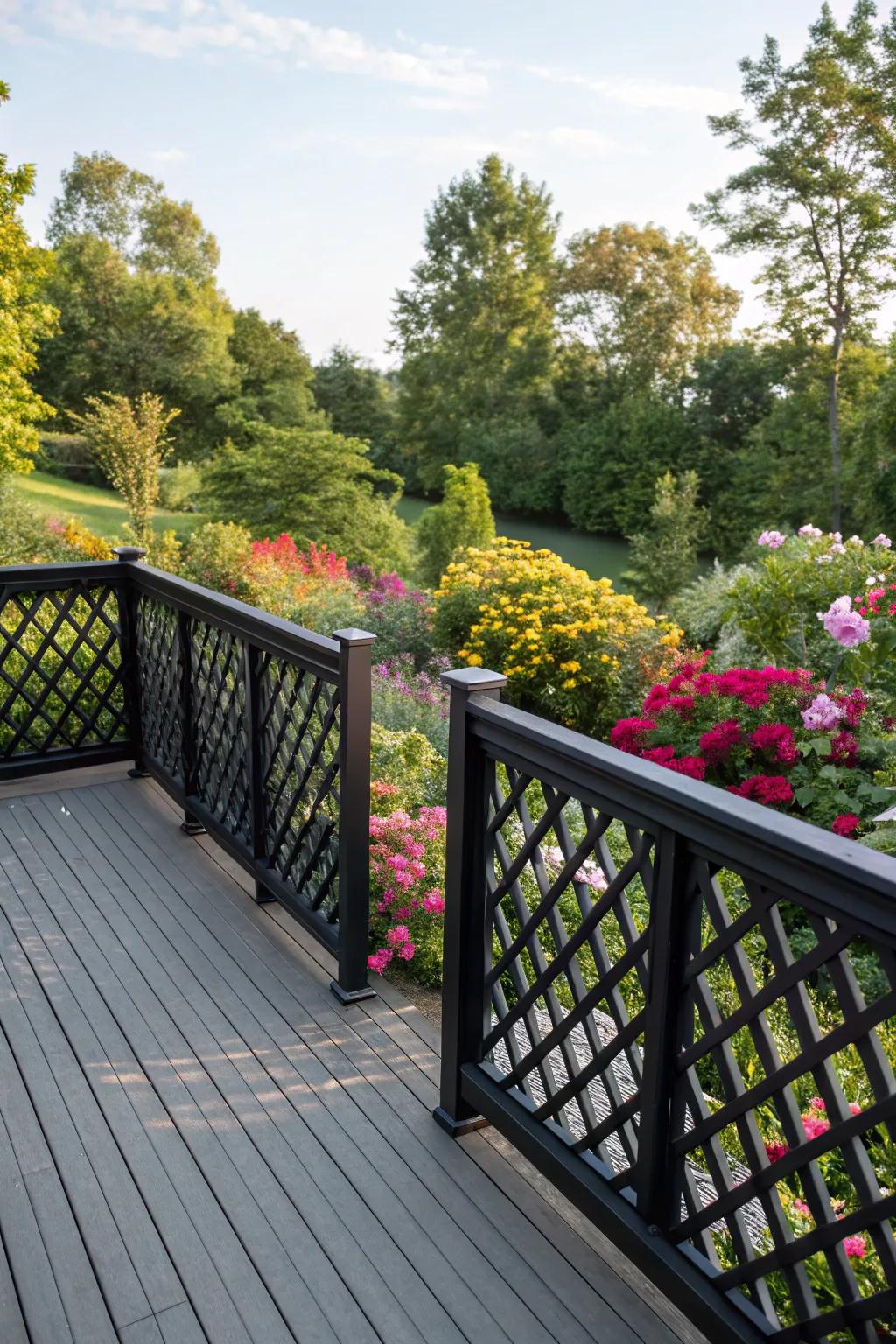 Dark lattice railing adds depth and drama to this chic outdoor retreat.