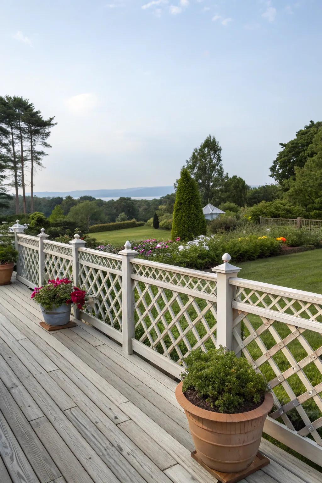 Classic criss-cross lattice railing adds elegance and privacy to this charming deck.