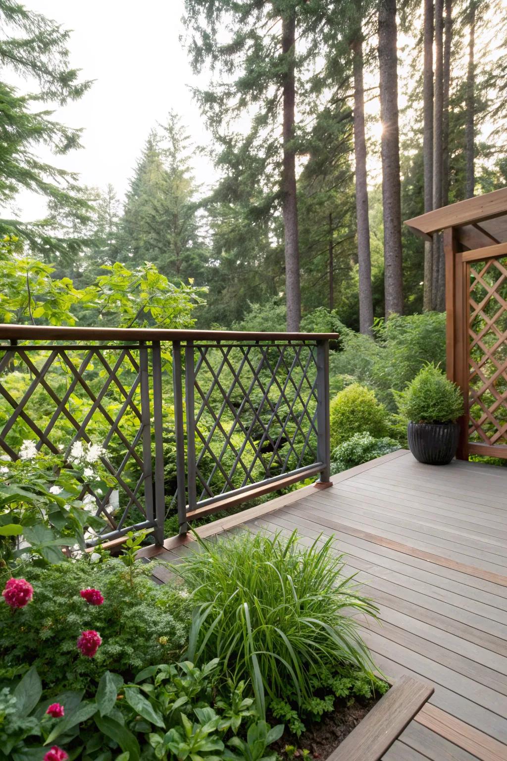 Wood and metal lattice railing blends durability with rustic charm.