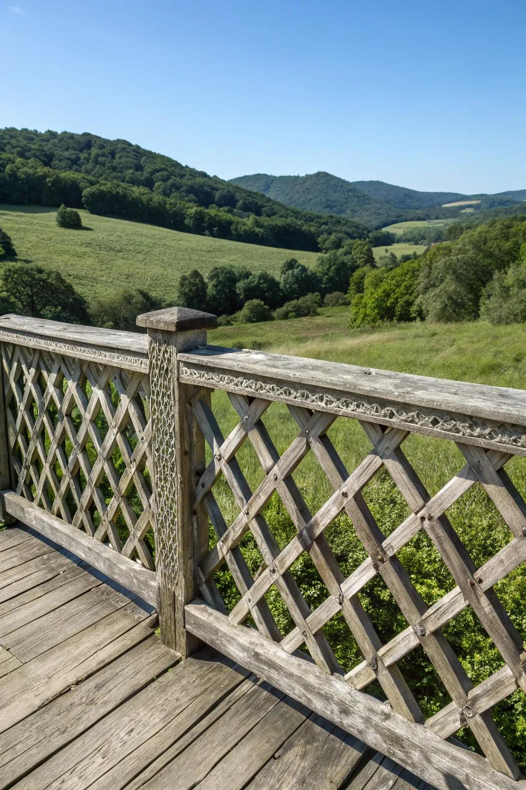 Weathered lattice railing adds vintage charm and rustic appeal.