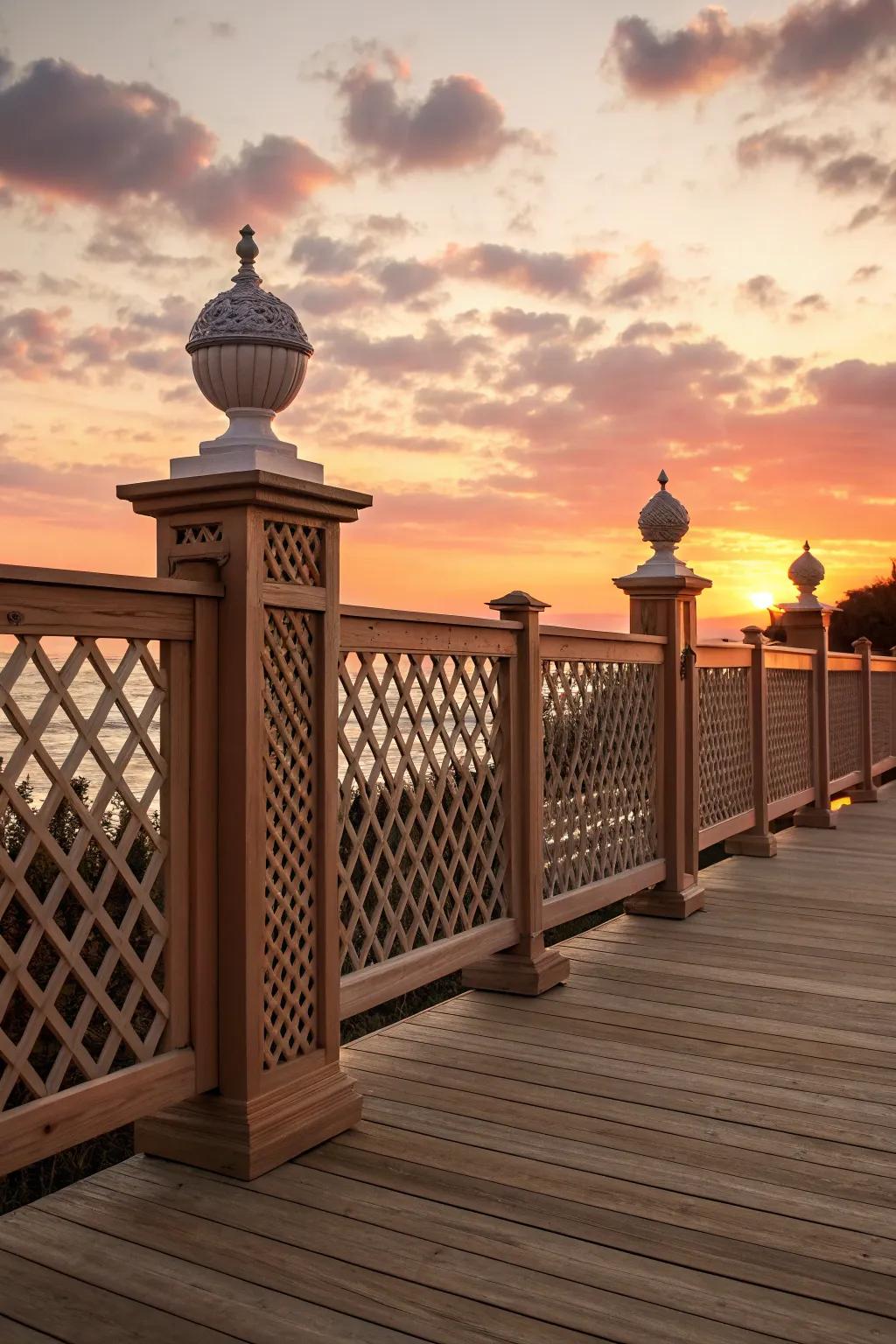 Decorative post caps add elegance and a personal touch to this lattice railing.