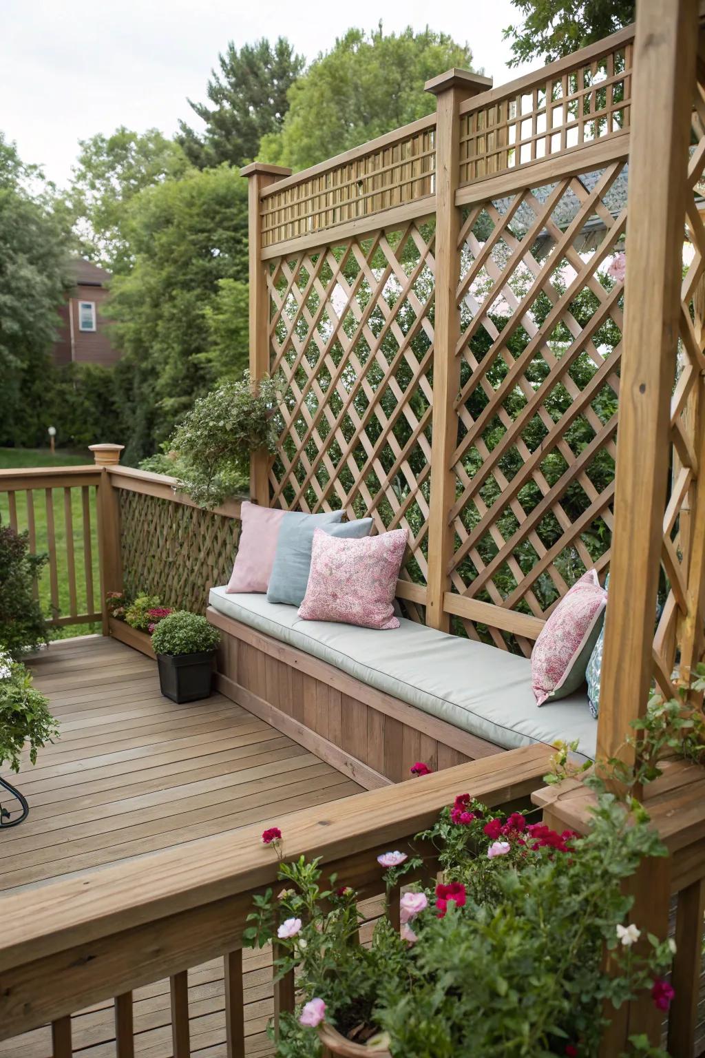 Integrated seating in lattice railing maximizes space and comfort.