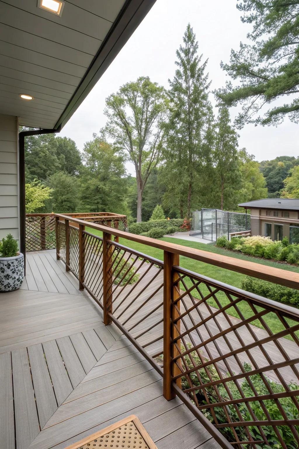 Diagonal lattice railing brings a contemporary flair to this stylish deck.