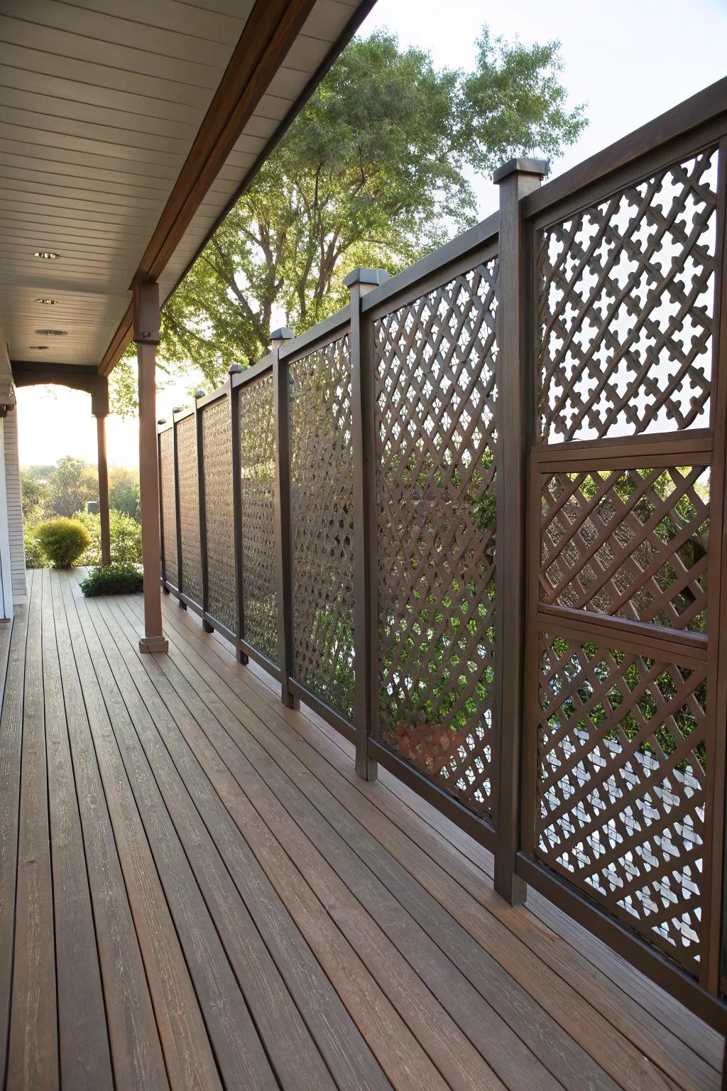 Artistic lattice panels with decorative cutouts bring creative flair to the deck.