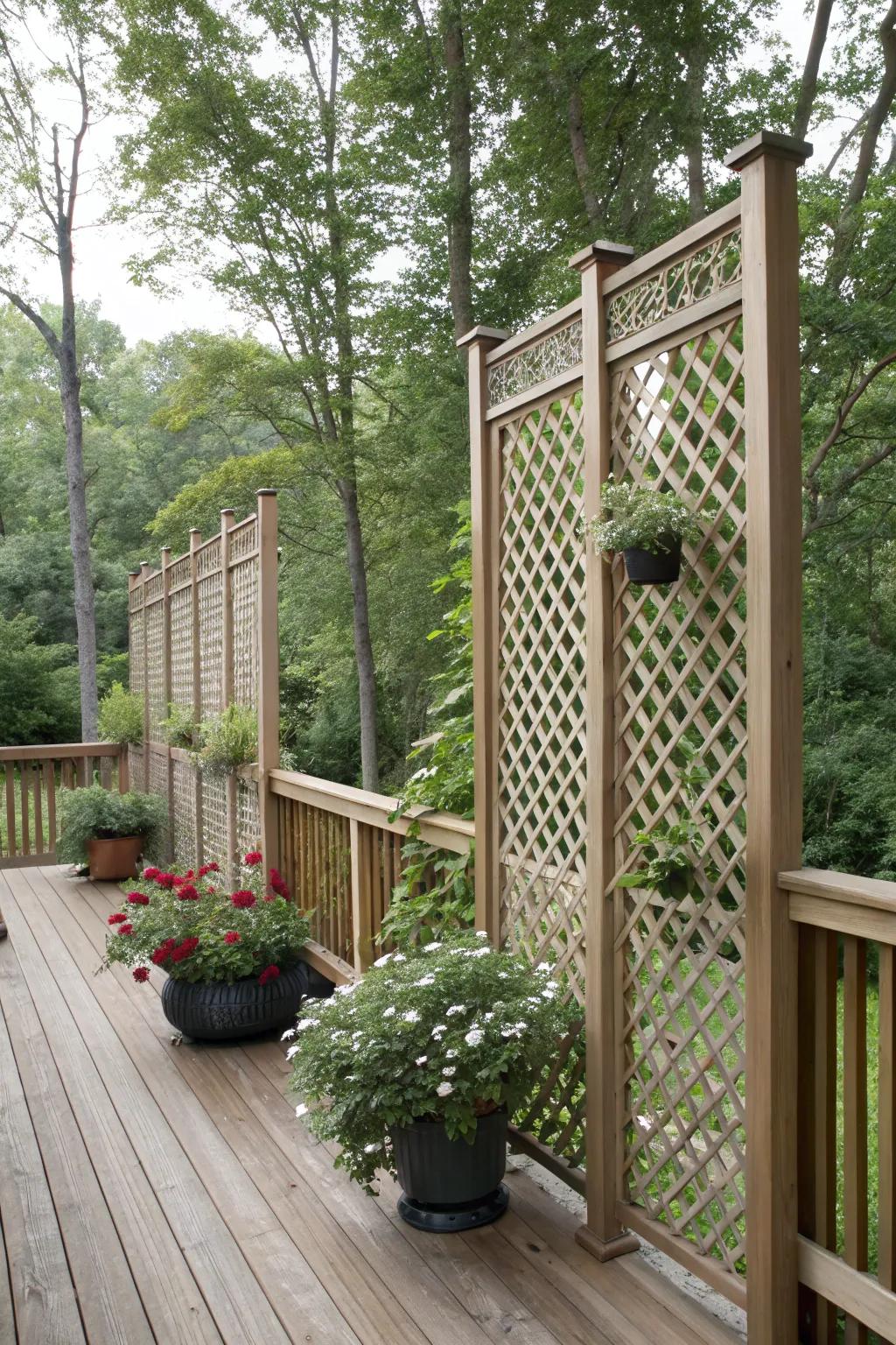 Tall lattice screens provide privacy and seclusion in this peaceful deck corner.